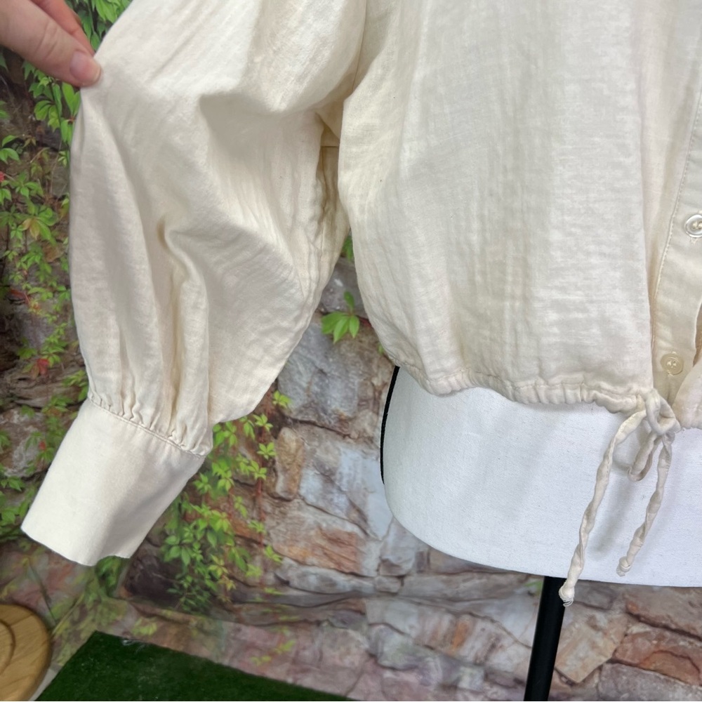 DREW Tan Button Front Quiet Luxury Drawstring Cropped Blouse, S - Picture 3 of 10